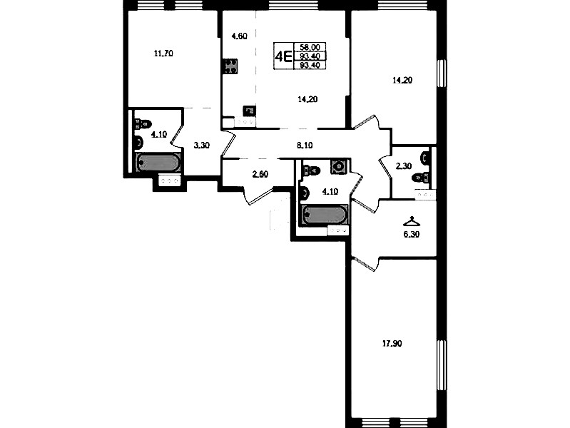 3-комнатная квартира 93.4 м², 1/8 эт., ЖК «Курортный квартал»